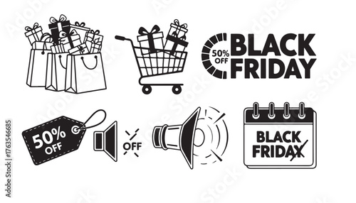 Black friday shopping and sale icons hand drawn style