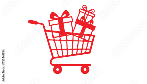 A stylized red outline of a shopping cart overflowing with red gift boxes tied with bows, symbolizing holiday shopping.