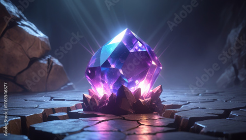 A 3D render of a glowing crystal or gemstone embedded in the cracks of a rock.
