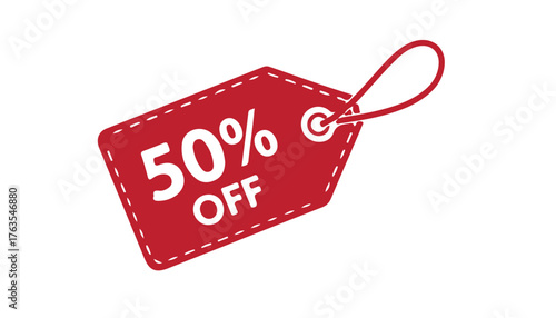 A red sale tag with white text indicating 50 percent off, attached to a string. Isolated on a white background.