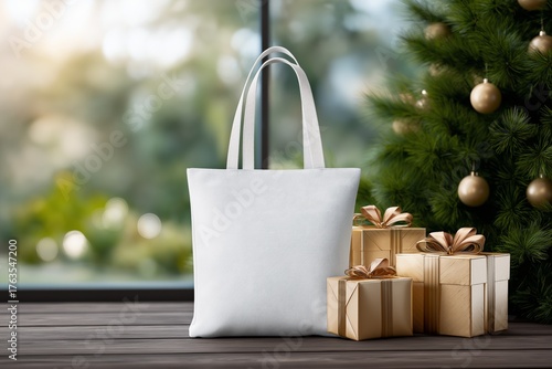 Mockup of white tote bag beside beautifully wrapped holiday gifts under a festive tree, showcasing a cozy and inviting seasonal atmosphere with copy space