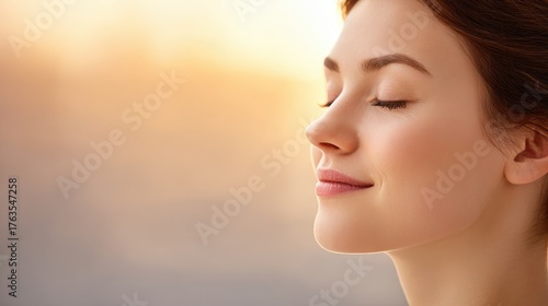 A close-up of a person face with eyes closed and a gentle smile, symbolizing a balanced and happy life. Mindfulness, positive thinking, and a growth mindset.