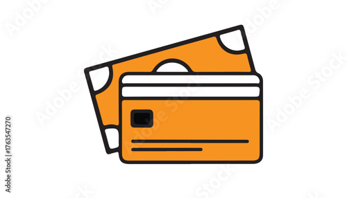A simple, stylized illustration of an orange credit card with a black chip, partially covering a stack of orange banknotes.