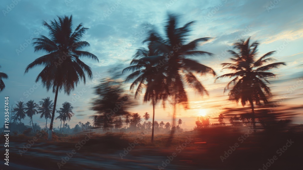 Fototapeta premium Blurred motion of palm trees at sunset with orange and blue colors. Use it for travel, summer, or tropical vibe designs for social media.