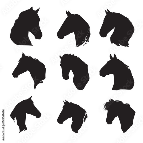 Collection of elegant horse face silhouettes in black and white isolated on white background