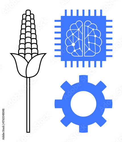Corn plant, microchip with brain design, and gear symbolizing agriculture, AI, innovation, and technology. Ideal for tech, farming biotech sustainability automation research progress. Simple