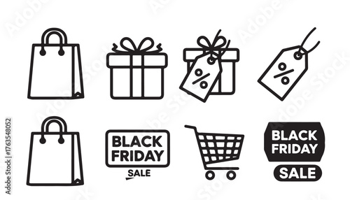 Black friday shopping icons including bags gifts tags cart and sale signs