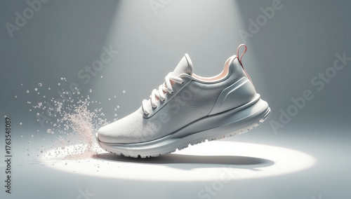 A 3D model of sneakers at a slight angle, with floating dust particles.