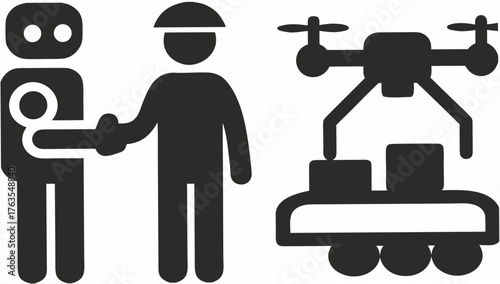 Modern logistics handshake signifies futuristic delivery with drone and autonomous vehicle transporting goods seamlessly.