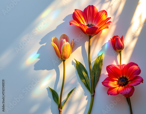 Four exquisitely detailed, chromatically resonant floral designs a radiant daisy, a graceful tulip, and two enigmatic, vibrant blossoms of unknown origin arranged as a meticulously posed flat lay