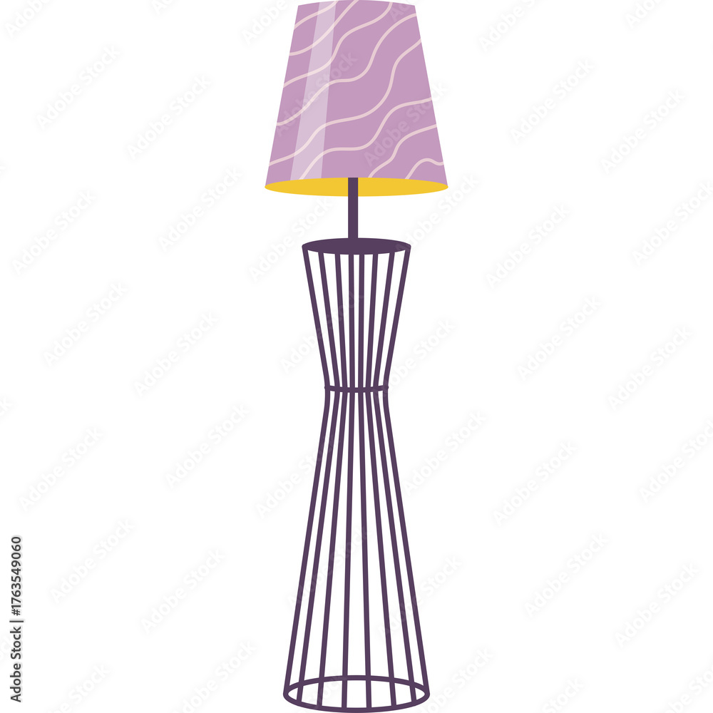 Obraz premium Modern Geometric Floor Lamp with Purple Lampshade and Yellow Interior Light Isolated on White Background