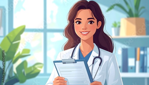 An illustration portrays a smiling female doctor with dark wavy hair holding a clipboard and stethoscope in a sunlit office setting