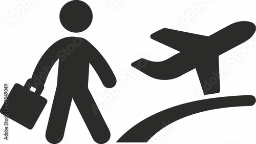 Dynamic traveler with briefcase walking towards departing airplane, symbolizing journey and adventure