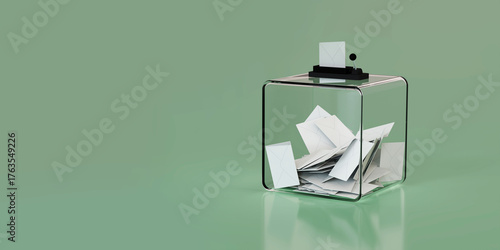 urne de vote transparente, remplie de bulletins de vote sur fond vert - Illustration 3D