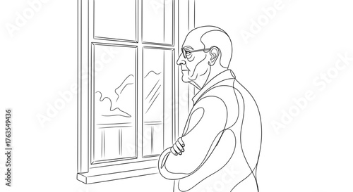 Senior man gazing through window with thoughtful expression, retirement and reflection concept