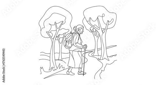 Elderly woman walking with hiking poles on forest path, outdoor activity and senior fitness