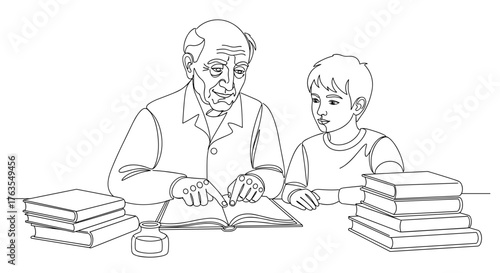 Elderly man instructing young student with books, education and knowledge sharing