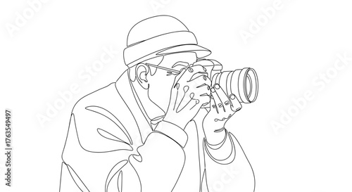 Elderly photographer taking picture with DSLR camera, active senior lifestyle and creativity
