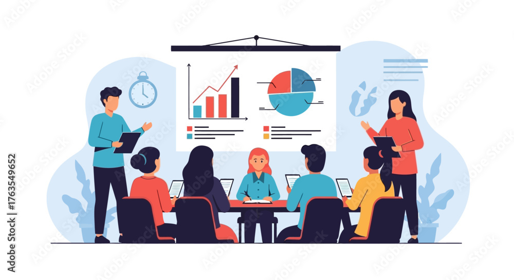Obraz premium A business team in a corporate meeting analyzing data charts and graphs on a presentation screen.