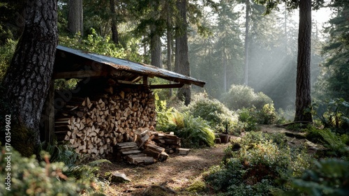 forest clearing with stacked cordwood, log rack under tin roof, sunlight shafts through pines, crisp textures