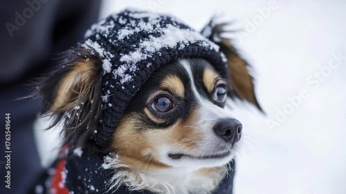 A small dog enjoying winter weather with a colorful knitted hat, perfect for a cold day or holiday scene