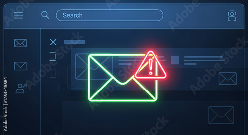 Neon email design with a glowing warning sign. Email design mockup illustrates an important, critical message with flashing alert, envelope, and browser bar.