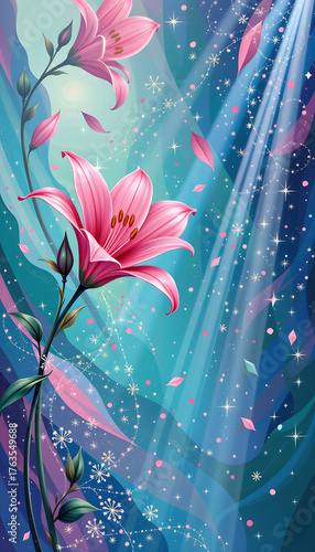 Minimalistic pink lily illustration, delicate lines against a background swirling with vibrant hues of sapphire and emerald
