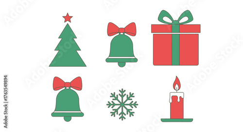 A festive collection of six minimalist Christmas icons in red and green, including a tree, bells, gift, snowflake, and candle.
