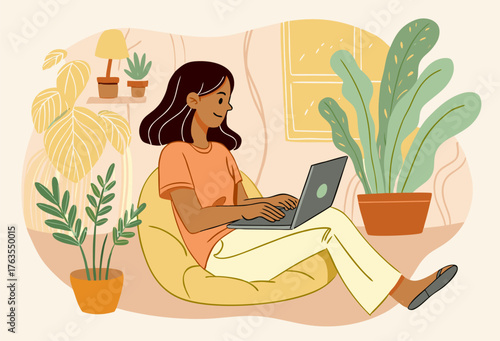 Woman Working Remotely on Laptop Surrounded by Indoor Plants
