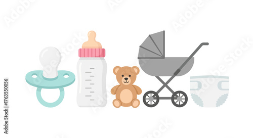 Assortment of Baby Essentials: Pacifier, Bottle, Teddy Bear, Stroller, and Diaper