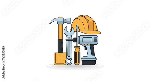 Assortment of Construction Tools: Hammer, Wrench, Screwdriver, Drill, and Helmet