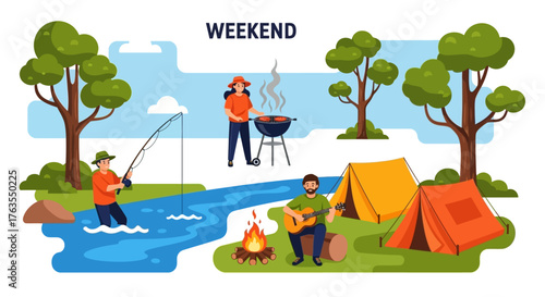 Cartoon Fisherman Casting Fishing Rod in River, Enjoying Weekend Outdoors