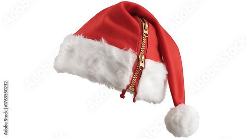 Festive red hat with white trim and a zipper detail, evoking holiday cheer.