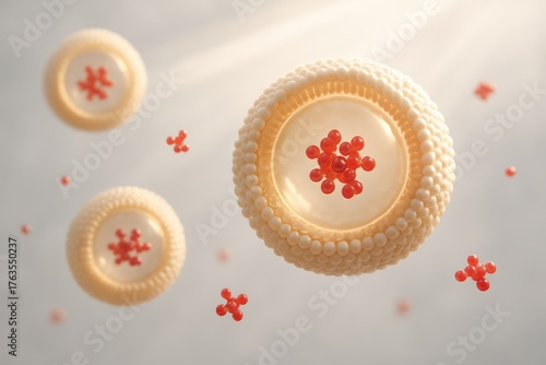 Lipid-based nanocarriers encapsulating therapeutic molecules, representing targeted drug delivery systems activated by light or environmental cues.
