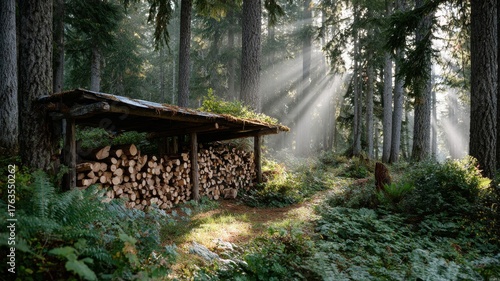 forest clearing with stacked cordwood, log rack under tin roof, sunlight shafts through pines, crisp textures