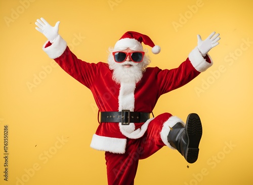 Père Noël qui danse sur fond jaune