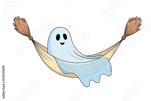 Playful ghost spirit relaxes in a hammock, enjoying a peaceful, whimsical moment.