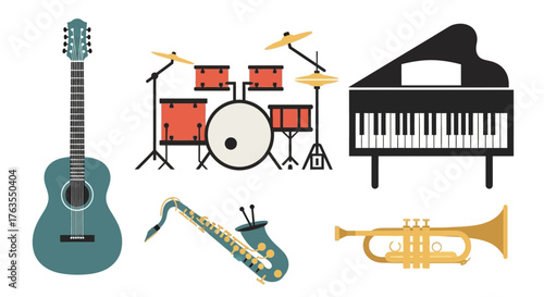 Collection of Diverse Musical Instruments in Flat Design Style