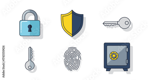 Collection of colorful flat design security icons: padlock, shield, key, fingerprint, and safe.