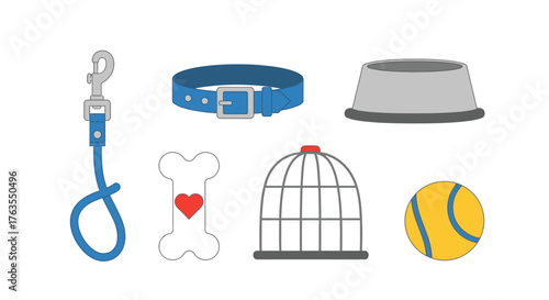 Colorful cartoon pet supplies set: leash, collar, bowl, bone, birdcage, and tennis ball illustration.