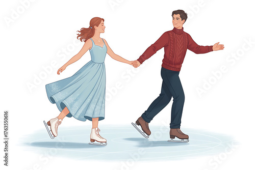 Couple gracefully glides across ice, holding hands, enjoying a winter skating activity.