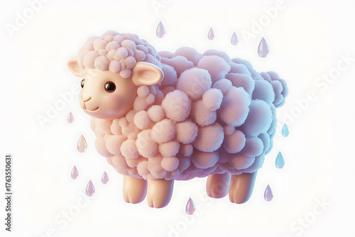 A fluffy, pink sheep stands amidst gentle rainfall, evoking a sense of calm and innocence.