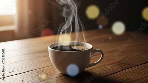 Warm coffee cup on wooden table, steam rising
