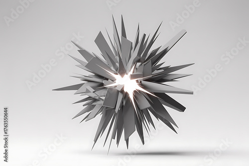 Abstract geometric explosion of sharp, fragmented shapes radiating outward from a central bright point.