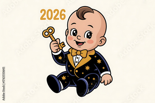 Charming baby character holds a key, adorned in a starry suit, representing future and celebration.