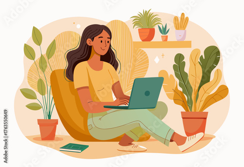 Woman Working Remotely at Home Surrounded by Lush Greenery