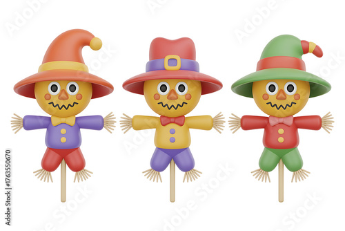 Three whimsical scarecrows stand proudly, adorned with colorful hats and charming expressions.