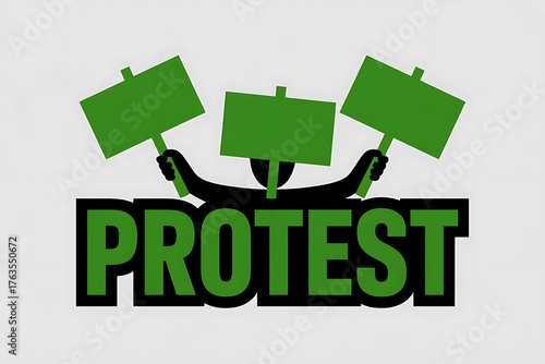 Green flags and banners convey a message of demonstration and public outcry.