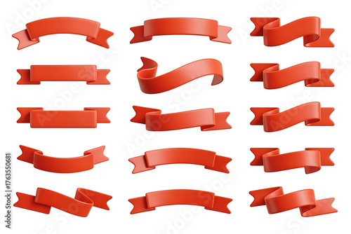 Collection of decorative red ribbons with star accents, offering celebratory and festive design elements.