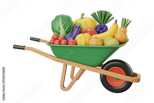A wheelbarrow overflows with fresh, colorful fruits and vegetables, representing harvest and healthy food.